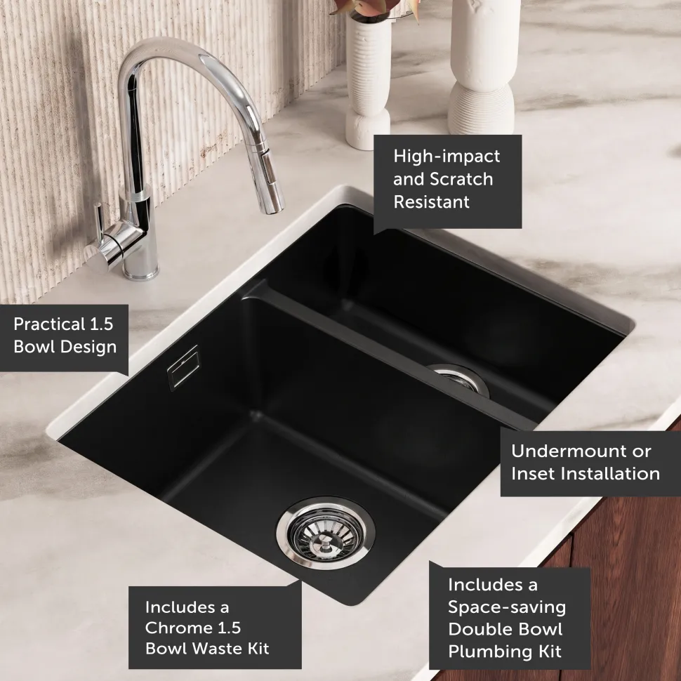 Vellamo Terra 1.5 Bowl Granite Composite Inset/Undermount Kitchen Sink & Waste Kit - 555 x 460mm