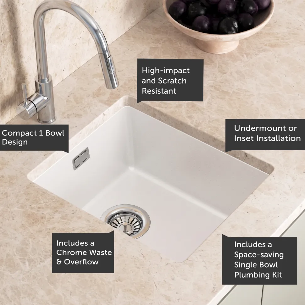 Vellamo Terra Compact 1 Bowl Granite Composite Inset or Undermount Kitchen Sink & Waste - 370 x 460mm