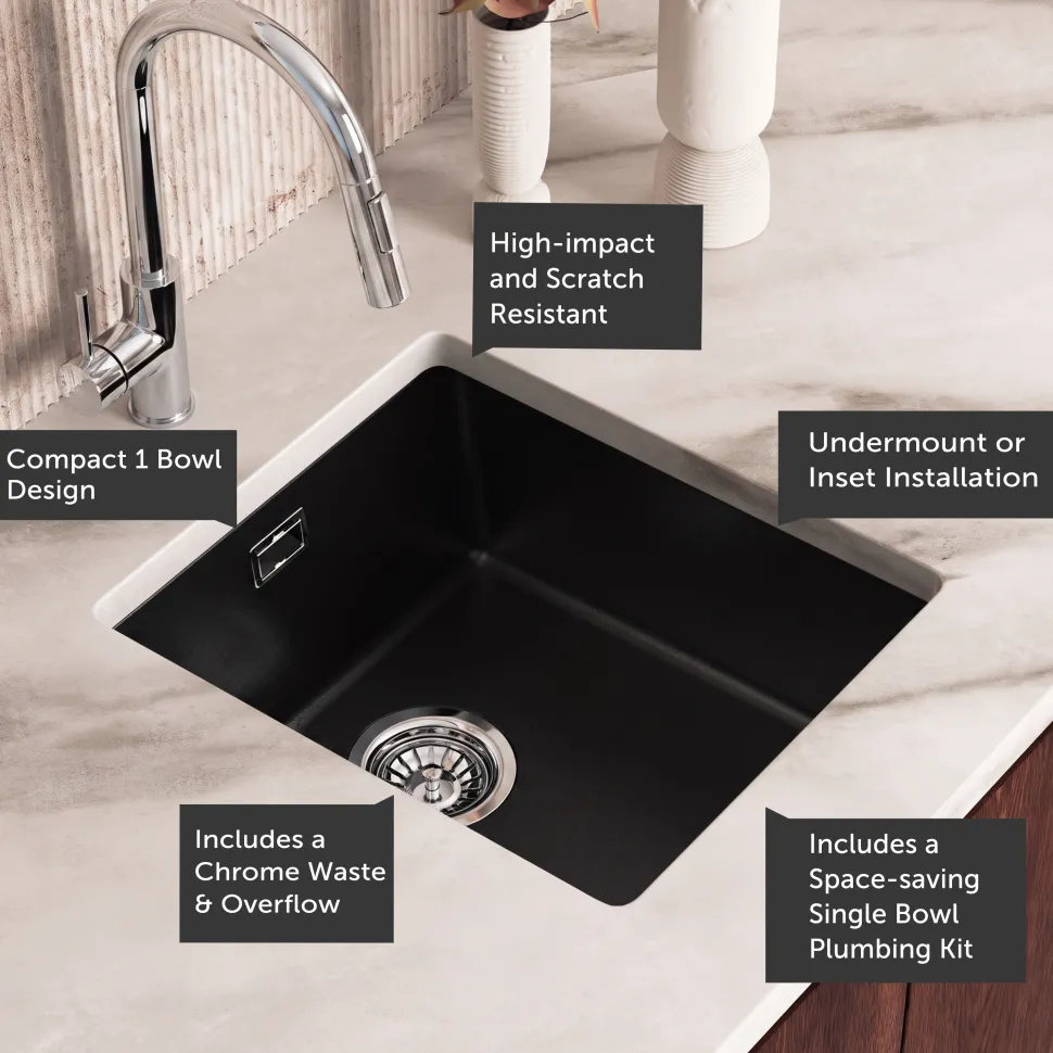 Vellamo Terra Compact 1 Bowl Granite Composite Inset or Undermount Kitchen Sink & Waste - 370 x 460mm