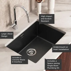 Vellamo Terra Large 1 Bowl Granite Composite Inset / Undermount Kitchen Sink & Waste - 610 x 460mm