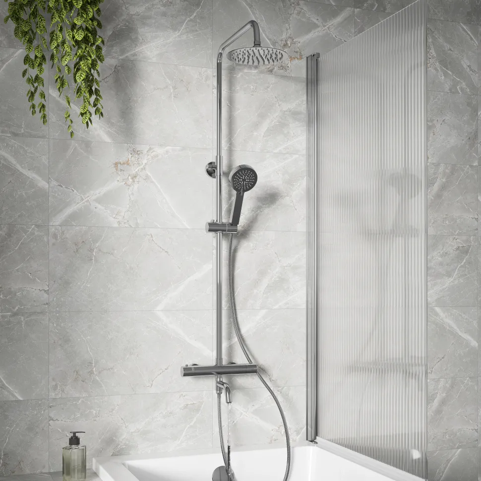 Vellamo Twist Exposed 3 Outlet Rigid Riser Thermostatic Shower Set with Integrated Bath Spout