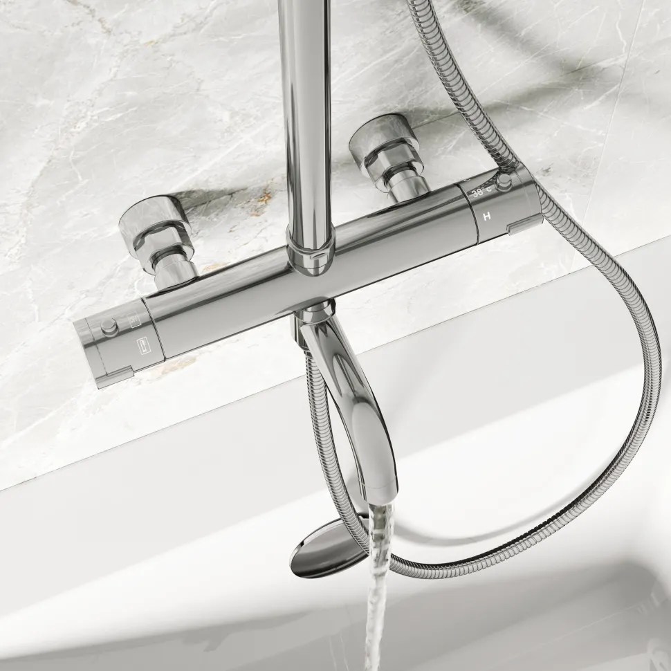 Vellamo Twist Exposed 3 Outlet Rigid Riser Thermostatic Shower Set with Integrated Bath Spout