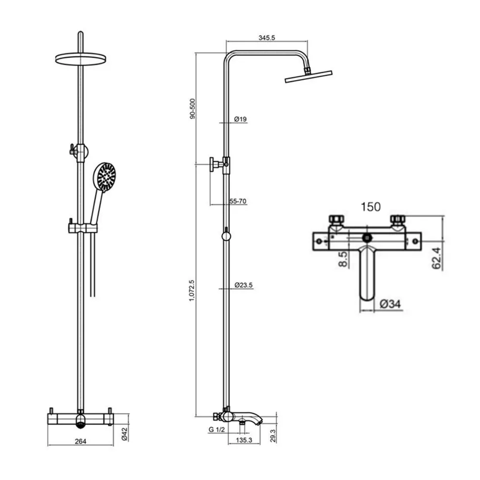 VOS Exposed 3 Outlet Rigid Riser Thermostatic Shower Set