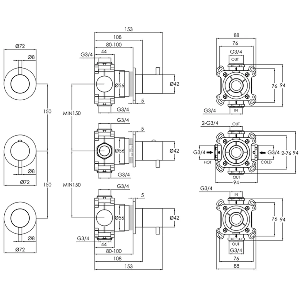 VOS Modular 2 Outlet Concealed Thermostatic Shower Valve - 3 Handles
