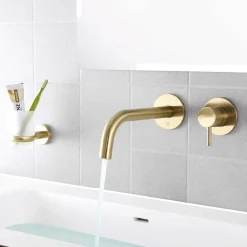 VOS Single Lever Wall Mounted Basin Mixer Tap - Brushed Brass