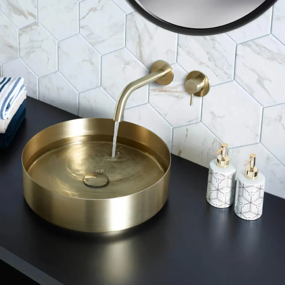 VOS Single Lever Wall Mounted Basin Mixer Tap - Brushed Brass