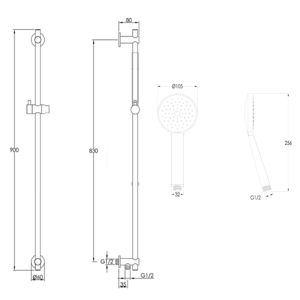 VOS Slide Rail Shower Kit with Round Shower Handset & Hose